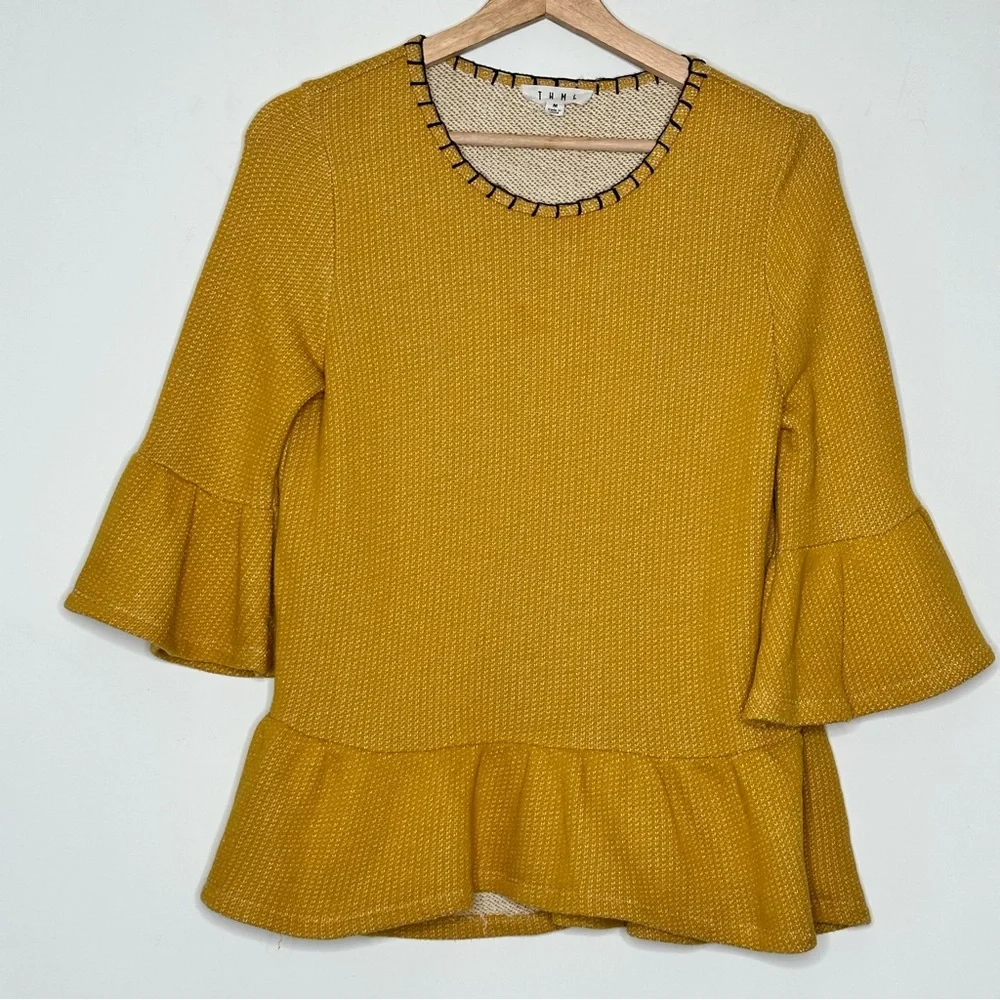 THML Womens Medium Mustard Yellow Peplum Pullover Top 3/4 Bell Sleeves - Picture 1 of 8